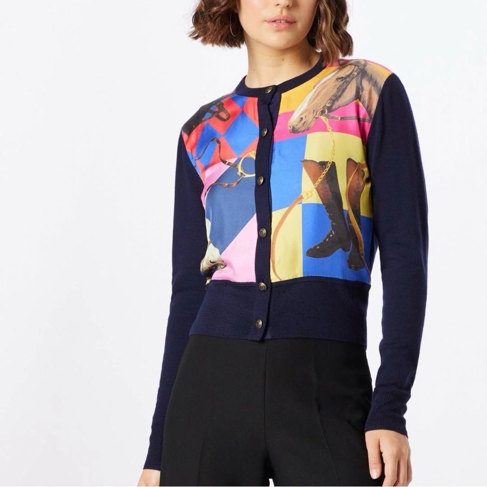 Polo Ralph Lauren Equestrian Silk Graphic Buttoned Wool Cardigan NWT Size Large - Picture 4 of 4